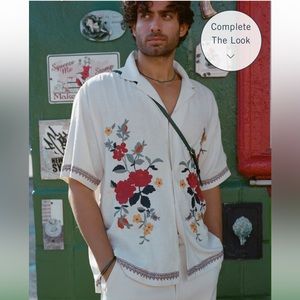 Camp Collar Linen Blend Embroidered Shirt